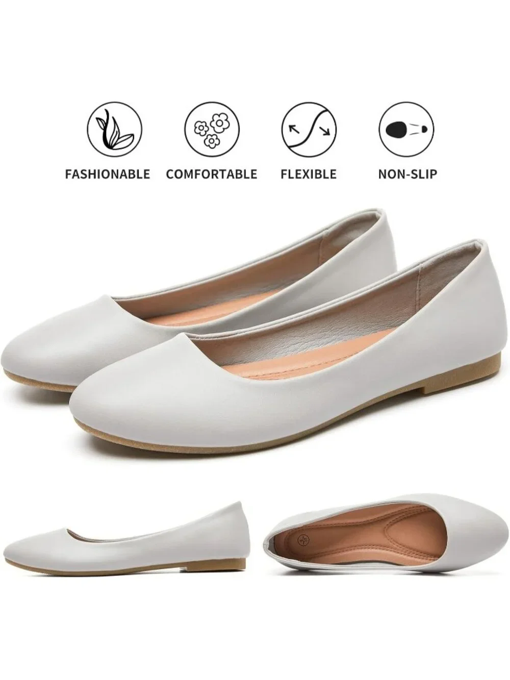 Womens Light Grey PU Leather Closed Toe Comfortable Flexible Slip On Ballet Flat